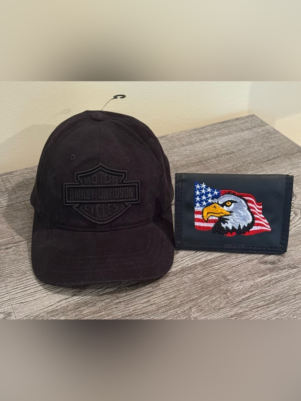 Harley-Davidson Phantom Black Logo Cap NWT & Eagle American Flag Chain Wallet